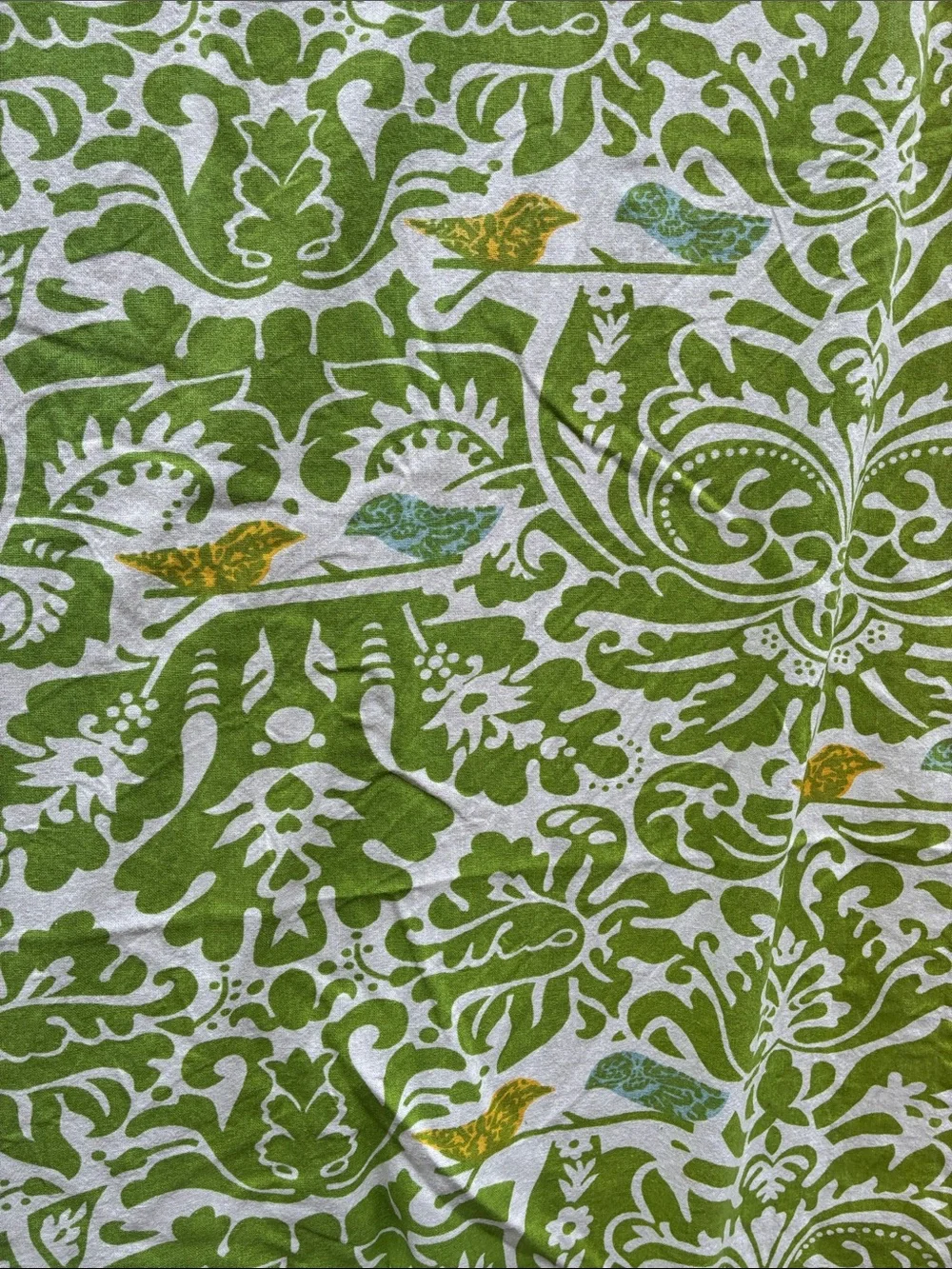 Green and white cotton curtain with birds on it. About 49 x 58 inch.  Fabric?
